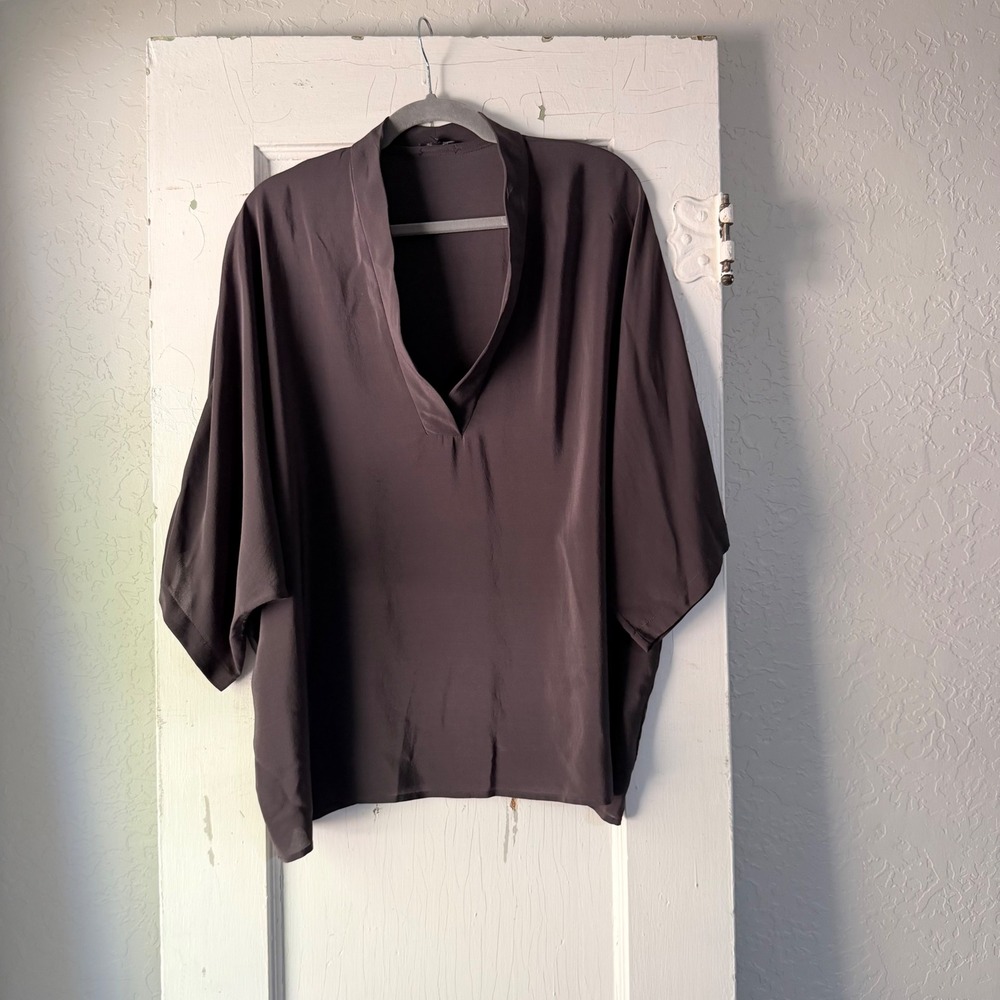 Sen 100% Silk V-Neck Dolman Sleeve Blouse Charcoal Gray OS Oversized Top